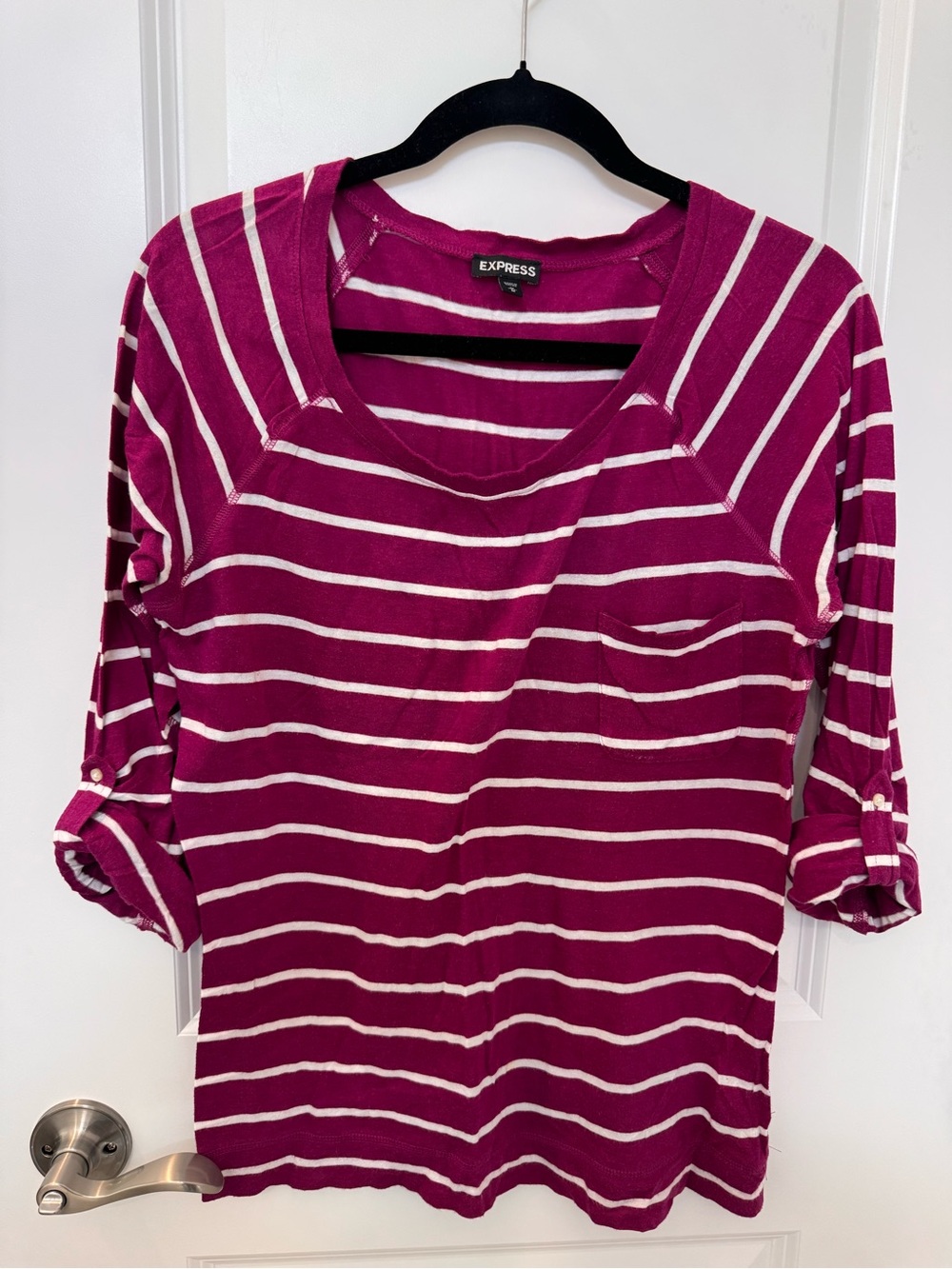 Express Pink Striped 3/4 Sleeve Pocket Tee